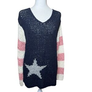 Oui Moments Open Knit Sweater XL Stars Stripes USA Americana Holiday Patriotic